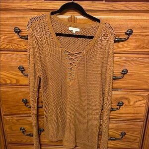 Lace-Up Knit Sweater in Camel